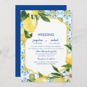 モダン地中海のCobalt Blue & Lemons 結婚s 招待状 (正面/裏面)