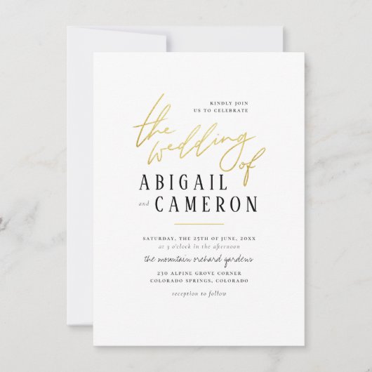 モダン型素朴金ゴールドレタリング写真結婚の 招待状 (正面)