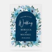 モダン埃色の青い白いフローラ結婚の歓迎 アクリルサイン (正面)