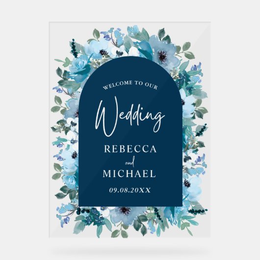 モダン埃色の青い白いフローラ結婚の歓迎 アクリルサイン (正面)