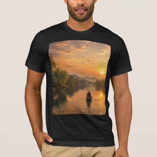 モダン墨絵風の川沿いの風景 Tシャツ (正面)