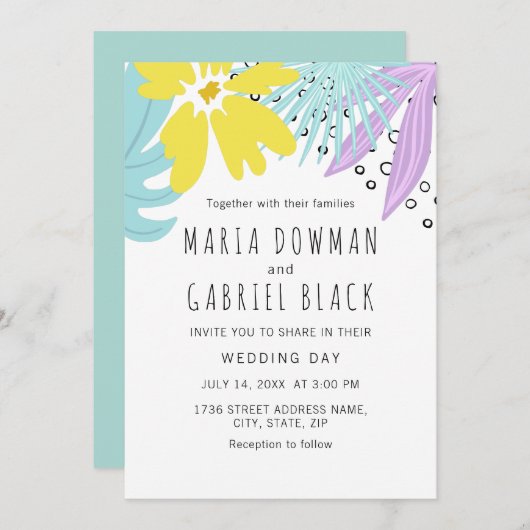 モダン夏結婚の植物 招待状 (正面/裏面)