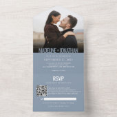 モダン夕暮れブルーのミニマル写真QRコー結婚ド オールインワン招待状 (内側)