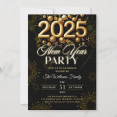 モダン大晦日パーティー2025金ゴールドグリッター 招待状 (正面)