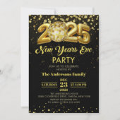 モダン大晦日パーティー2025金ゴールドグリッター 招待状 (正面)