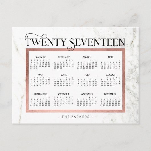 モダン大理石およびフェイクバラ金ゴールド2017カレンダー シーズンポストカード (正面)