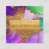 モダン大理石の水色金ゴールド紫グリーン&アクア スクエア名刺 (正面)