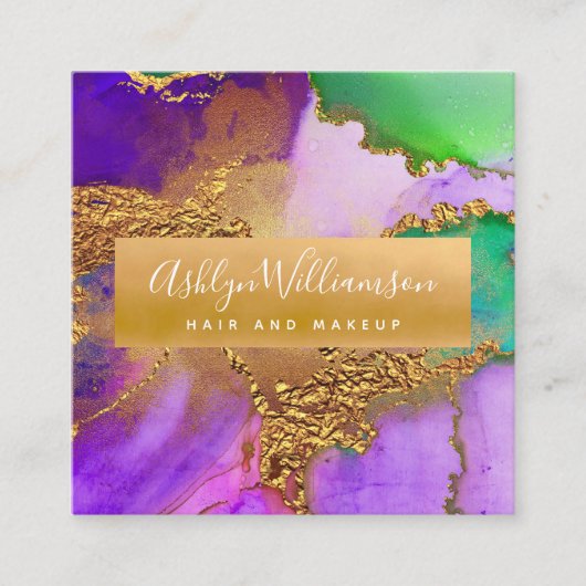 モダン大理石の水色金ゴールド紫グリーン&アクア スクエア名刺 (正面)