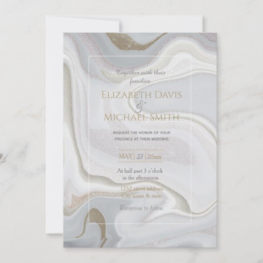 モダン大理石グレー金ゴールドグリッター背景 招待状 (正面)