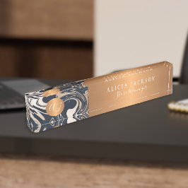 モダン大理石パターン黒金ゴールドモノグラムの デスクネームプレート