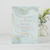 モダン大理石ブルー金ゴールドグリッター背景 招待状 (スタンド正面)