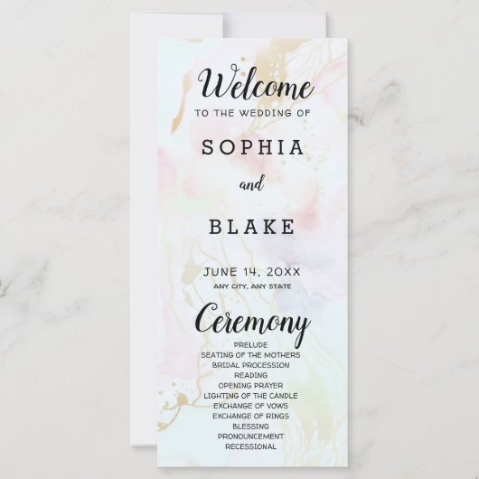 モダン大理石ホワイトピンクブルー結婚式 プログラム (正面)