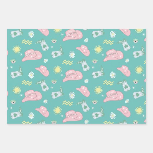 モダン女性のカーボーイアクエリアス〔占星術の〕十二宮図パターンピンク ラッピングペーパーシート (正面3)