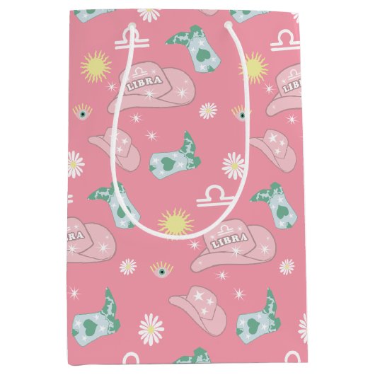 モダン女性のカーボーイリブラ〔占星術の〕十二宮図パターンボホピンク ミディアムペーパーバッグ (正面)
