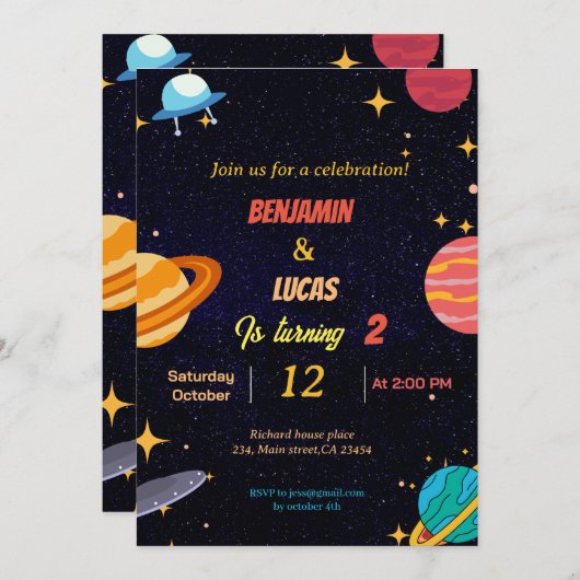 モダン宇宙ツインズ男の子の誕生日パーティーの招待 招待状 (正面/裏面)
