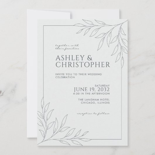 モダン宇宙灰色の葉のアウトライン結婚写真 招待状 (正面)