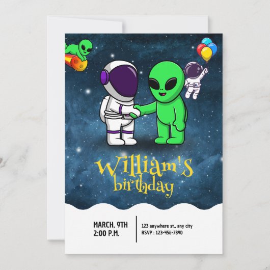モダン宇宙飛行士とエイリアンの子供の誕生日 招待状 (正面)