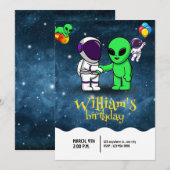モダン宇宙飛行士とエイリアンの子供の誕生日 招待状 (正面/裏面)