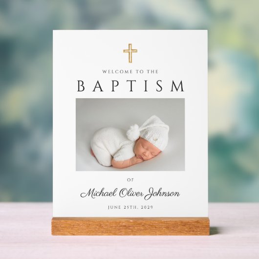 モダン宗教十字写真少年バプテスマ歓迎 アクリルサイン (ニュートラル)