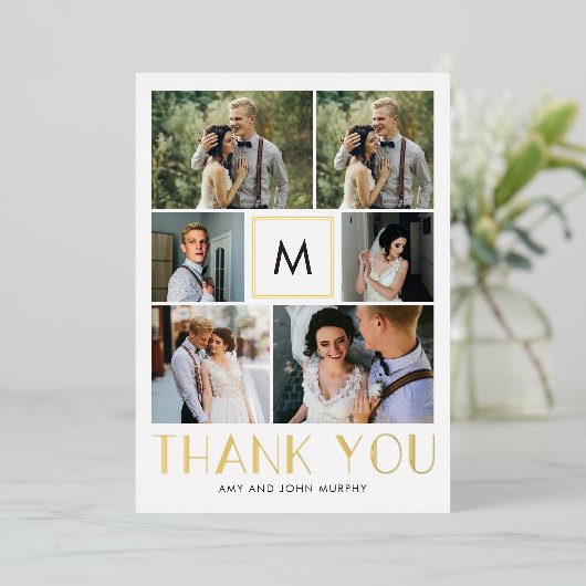 モダン実在イニシャル箔フォトサンキューカード 箔招待状 (立ち正面)