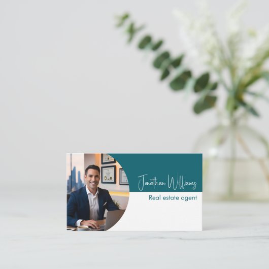 モダン実在代理店丸ティール(緑がかった色)白 名刺 (スタンド正面)