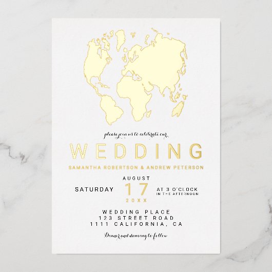 モダン実在金ゴールドシック世界地図結婚写真 箔招待状 (正面)