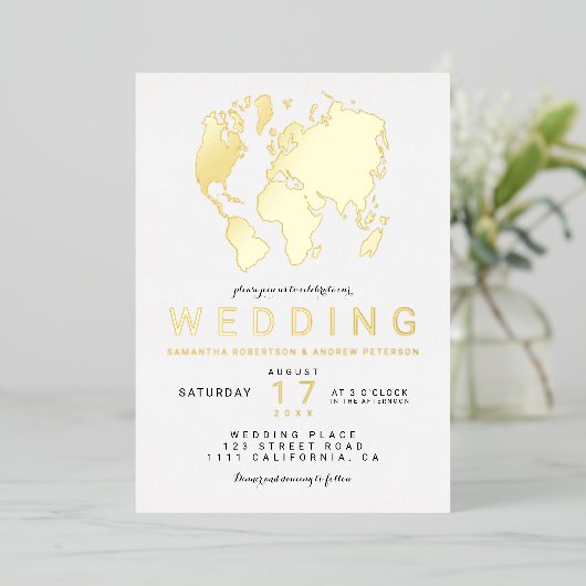 モダン実在金ゴールドシック世界地図結婚写真 箔招待状 (立ち正面)