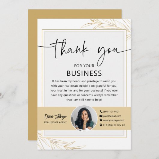 モダン実在金ゴールドEstate Agent写真サンキューカード 招待状 (正面/裏面)