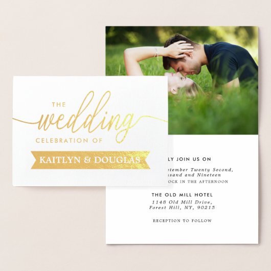 モダン実在FOILスクリプト結婚式招待状金ゴールド 箔カード (ディスプレー)