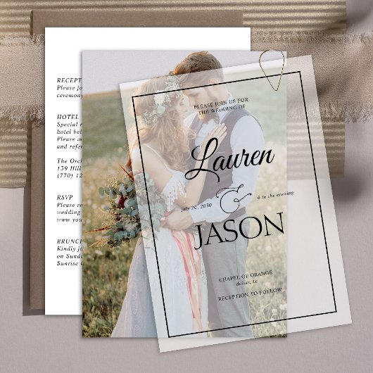 モダン実在Vellum Overlay Photoの結婚詳細 招待状