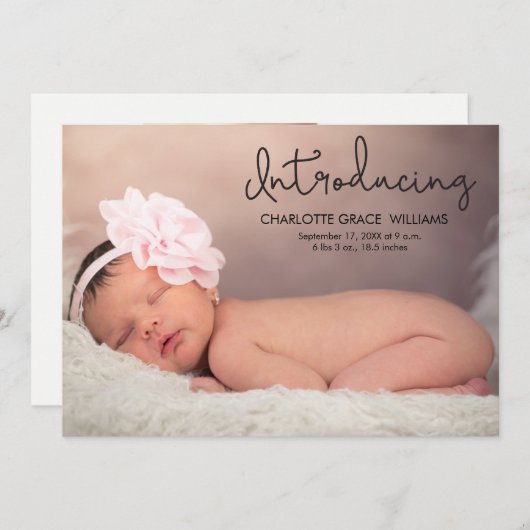 モダン導入Baby Girlフォト誕生 案内状 (正面/裏面)