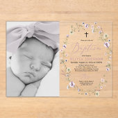 モダン山花紫色の女の子の写真バプテスマ アクリル招待状 (正面)