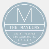 モダン差出人住所&モノグラム |ほこりっぽい青 ラウンドシール (正面)