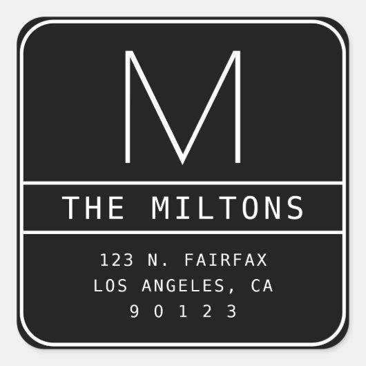 モダン差出人住所&モノグラム |黒と白 スクエアシール (正面)