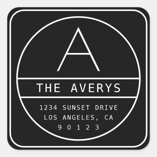 モダン差出人住所&モノグラム |黒と白 スクエアシール (正面)