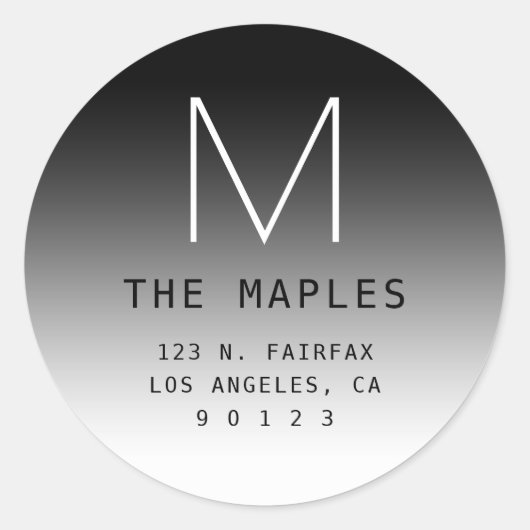 モダン差出人住所&モノグラム |黒グラデーション ラウンドシール (正面)
