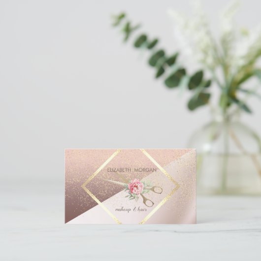 モダン幾何エレガント,枠,紙吹雪,はさみ 名刺 (スタンド正面)