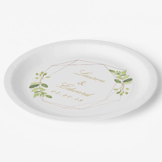 モダン幾何パーソナライズされた結婚緑 ペーパープレート (アングル)