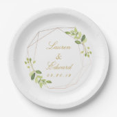 モダン幾何パーソナライズされた結婚緑 ペーパープレート (正面)