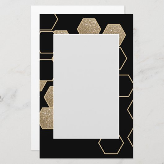 モダン幾何六角ブラックおよび金ゴールドパーティー 便箋 (正面/裏面)