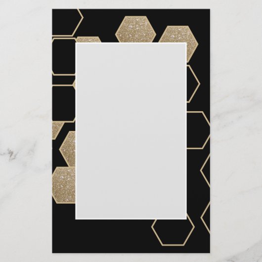 モダン幾何六角ブラックおよび金ゴールドパーティー 便箋 (正面)