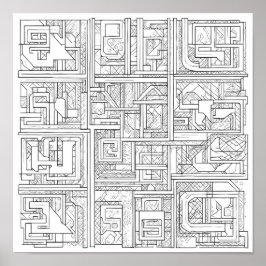 モダン幾何学アート: デジタルブロックパターン ポスター