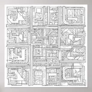 モダン幾何学アート: デジタルブロックパターン ポスター