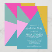 モダン幾何学ターコイズピンク卒業パーティー 招待状 (正面/裏面)