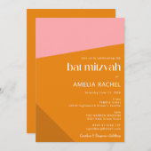 モダン幾何学ピンク オレンジ色のバット・ミツバ祭 招待状 (正面/裏面)