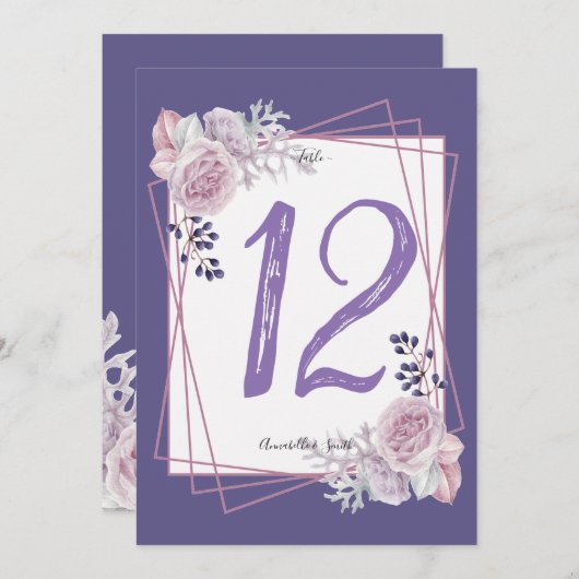 モダン幾何学フレーム 紫色 花柄 テーブルナンバー (正面/裏面)