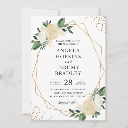 モダン幾何学フレーム 自然グリーンフラワー ウェディング 招待状 (正面)