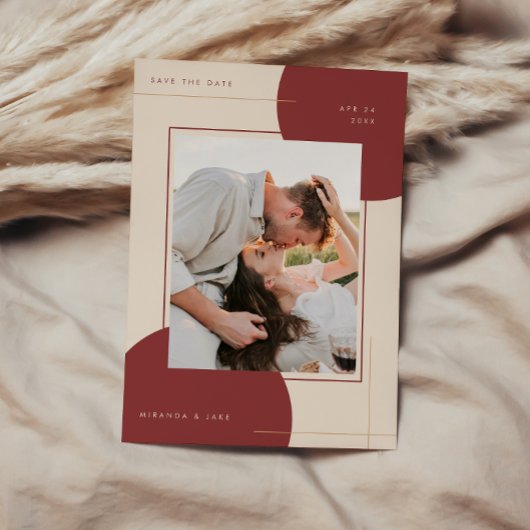 モダン幾何学ベージュ インライン フォト ウェディング セーブザデート