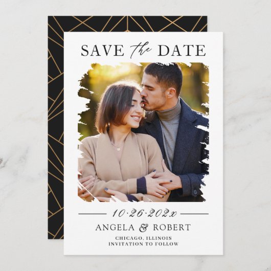 モダン幾何学抽象ブラシストロークフォトフレーム セーブザデート (正面/裏面)