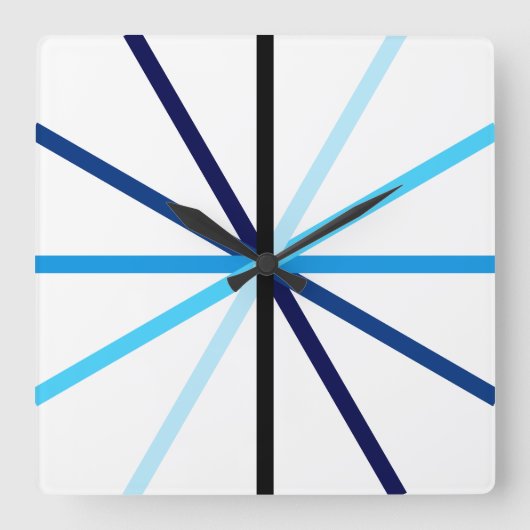 モダン幾何学模様の青いグラデーション線 スクエア壁時計 (正面)